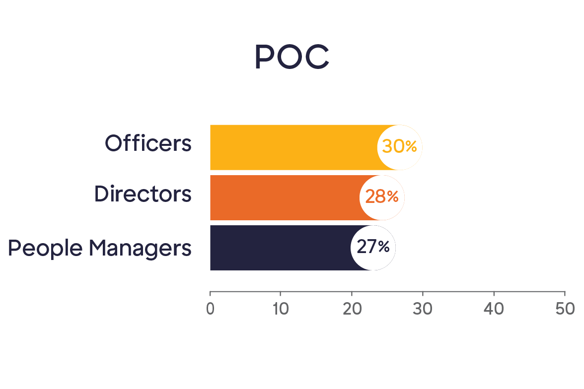 Bar graph of representation of POC in leadership. Officers reach 30%, Directors reach 28%, People Managers reach 27%. 